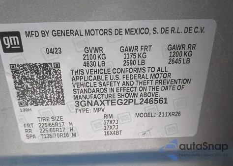 2023 Chevrolet Equinox Awd 2Fl z USA, uszkodzony, nr VIN 3GNAXTEG2PL246561